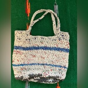 Handcrafted Multicolor Tote Bag-100% made of plastic bags 
Width 19”
Length 17”